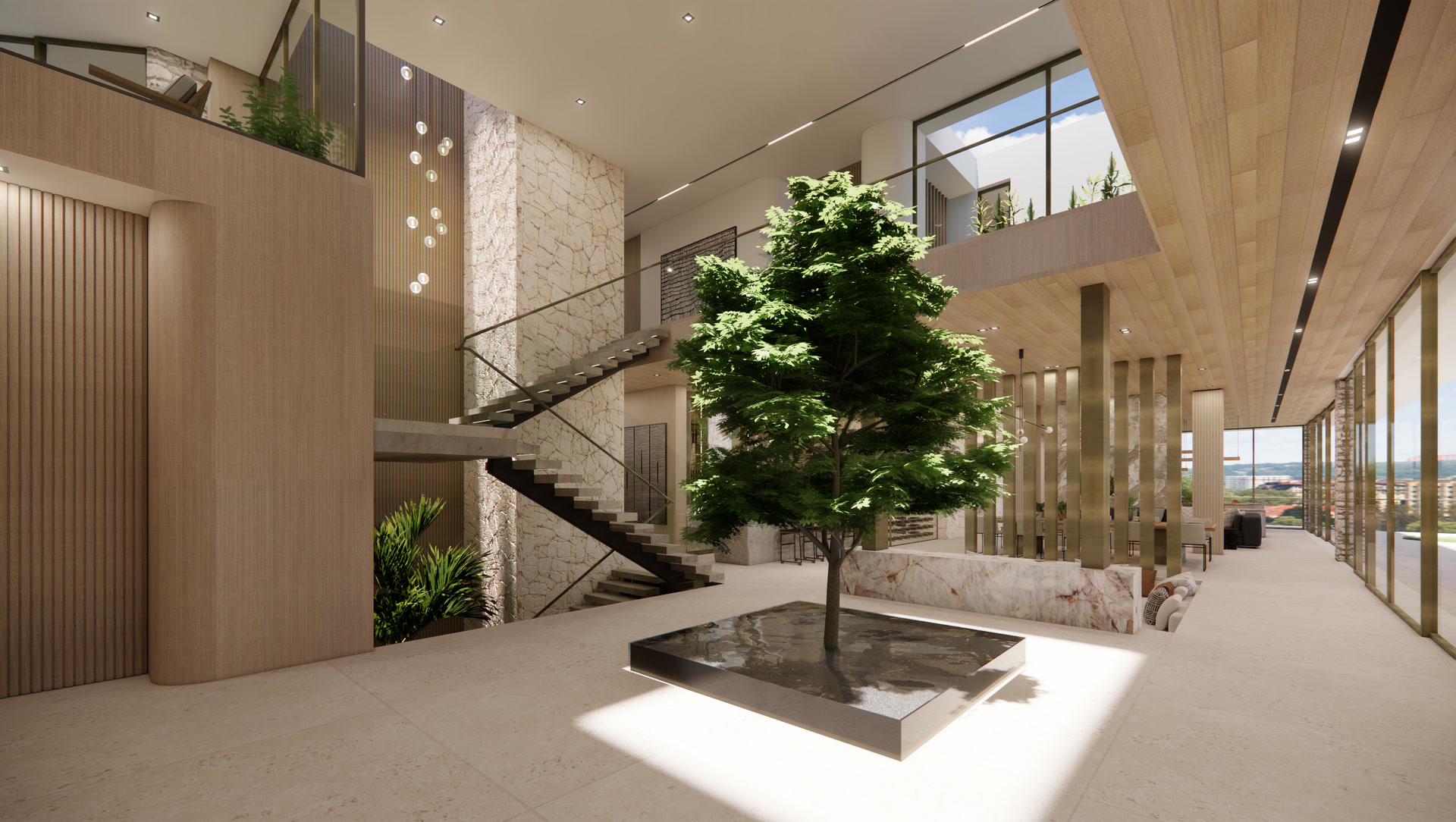 Modern luxury interior entry with floating staircase and indoor tree at 9283 Swallow Drive